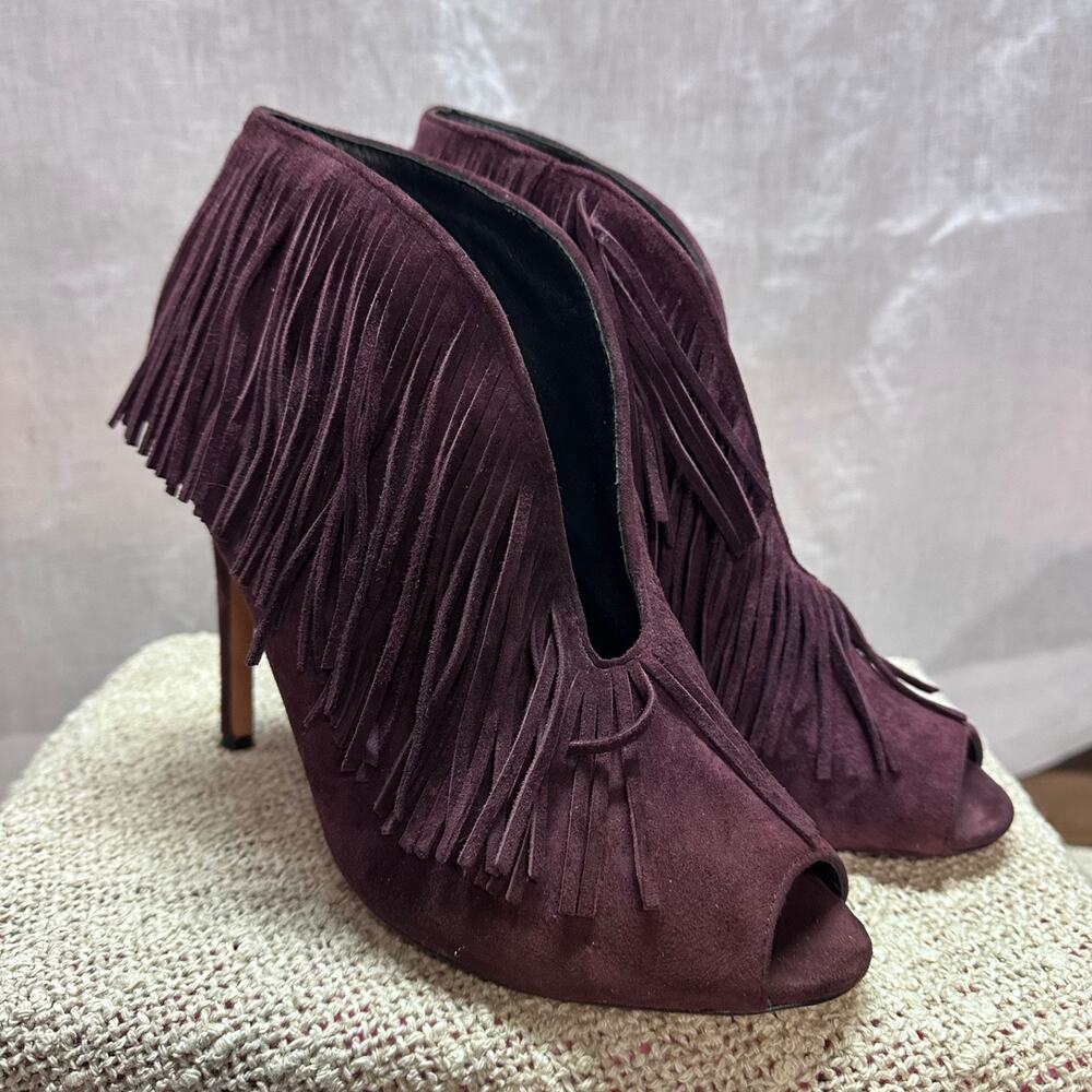 Vince Comuto Plum Suede Fringe Peep-Toe Booties
